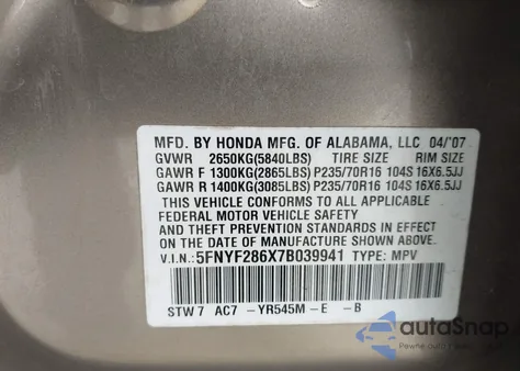 2007 Honda Pilot Ex-L из США, поврежденный, VIN 5FNYF286X7B039941